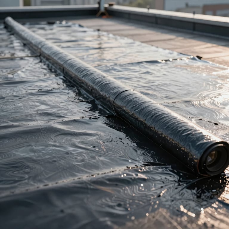 Close-up of high-quality waterproofing membrane application on a flat industrial roof, showcasing craftsmanship.