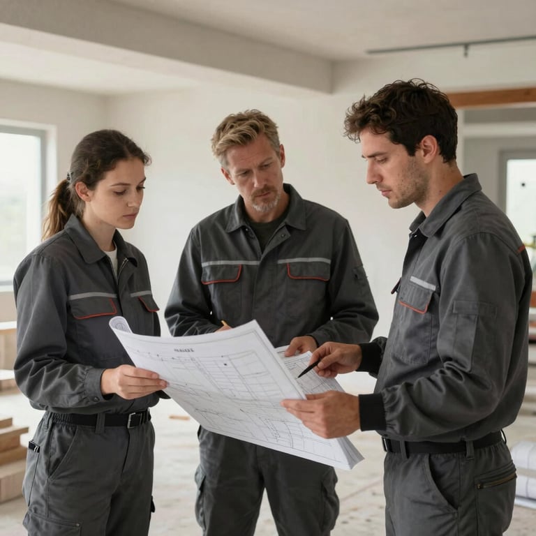 Workers in Dark Slate Grey uniforms discussing blueprints on a clean, modern renovation site in France.