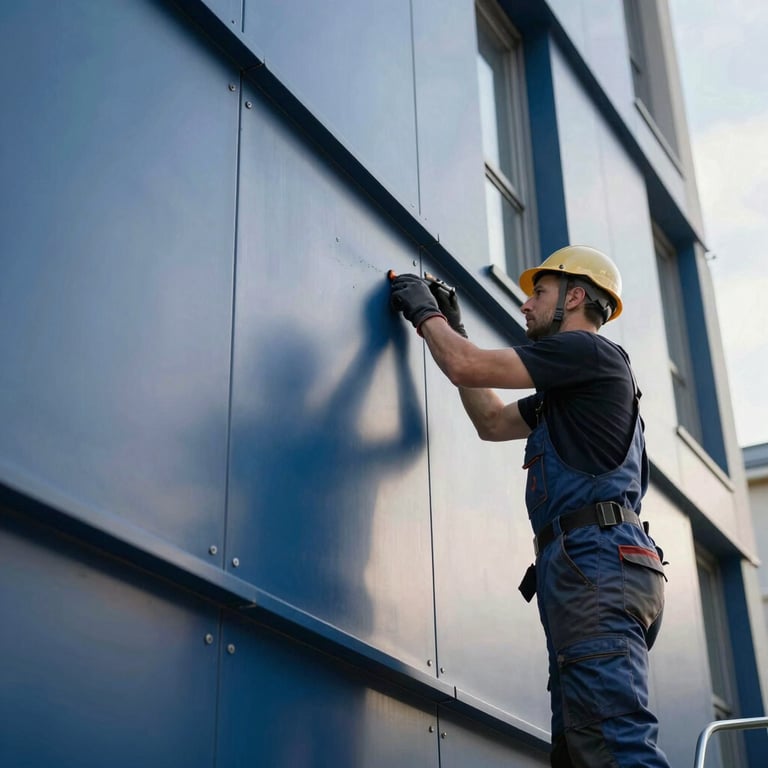 A detailed shot of a skilled professional installing metal cladding on a modern building in a European / French city, sunlight reflecting off the Cadet Blue panels.