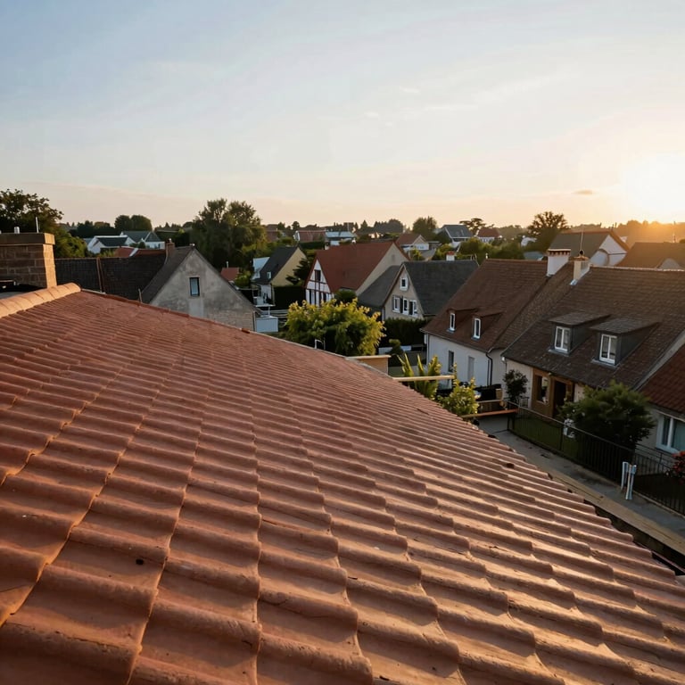 A wide view of a finished roofing project in a European / French village, showing perfect tile alignment under a soft morning light.