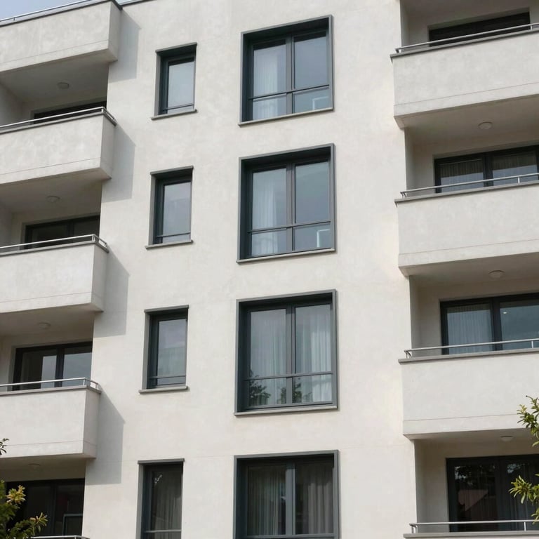 The clean exterior of a newly renovated apartment complex with fresh ravalement and modern window finishes in a European / French setting.