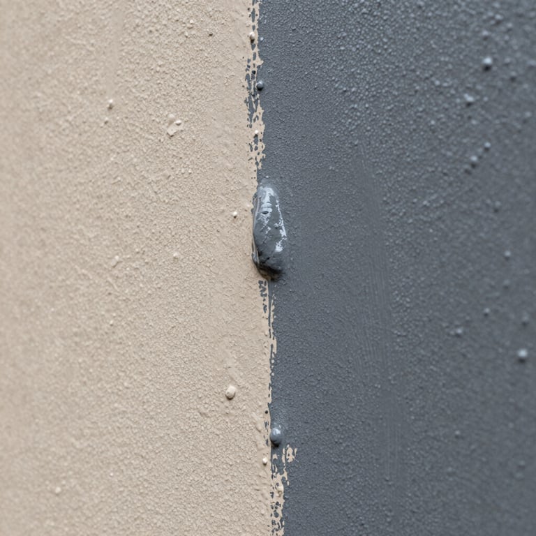 Macro shot of fresh paint application on a textured exterior wall, using a palette of Beige and Dark Slate Grey.