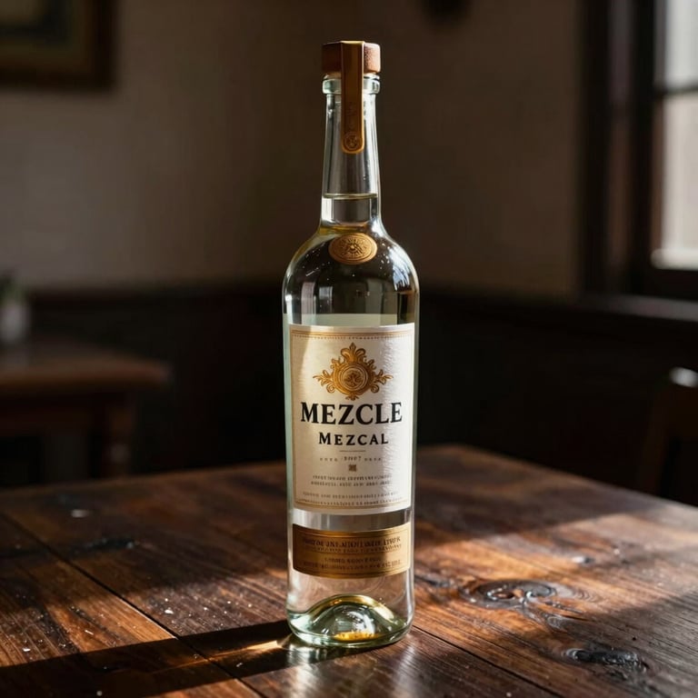 Artisanal glass bottle of premium mezcal with light gold accents, placed on a dark wooden table, dramatic shadows, timeless elegance, Mexican / Latin American heritage.