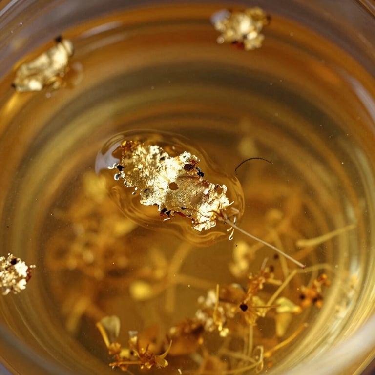 Abstract macro photography of floating gold flakes suspended in a glowing amber liquid, catching light gold reflections, sophisticated and rich mood.