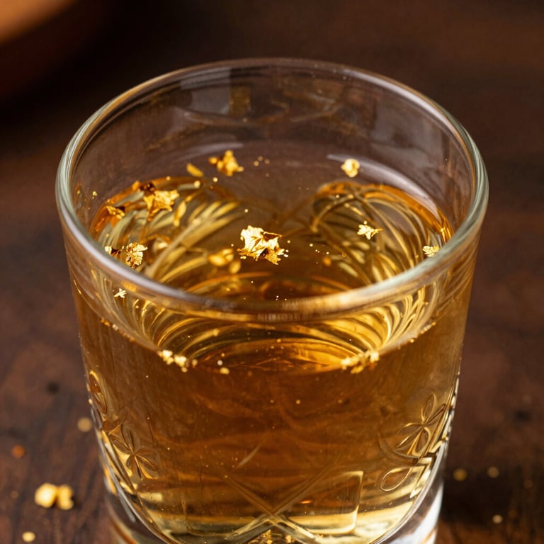 Close up photography of rich golden mezcal inside an elegant artisanal glass, delicate gold flakes floating in the liquid, dramatic cinematic lighting highlighting warm amber and light gold tones, dark espresso background, luxurious atmosphere, Mexican / Latin American origin.