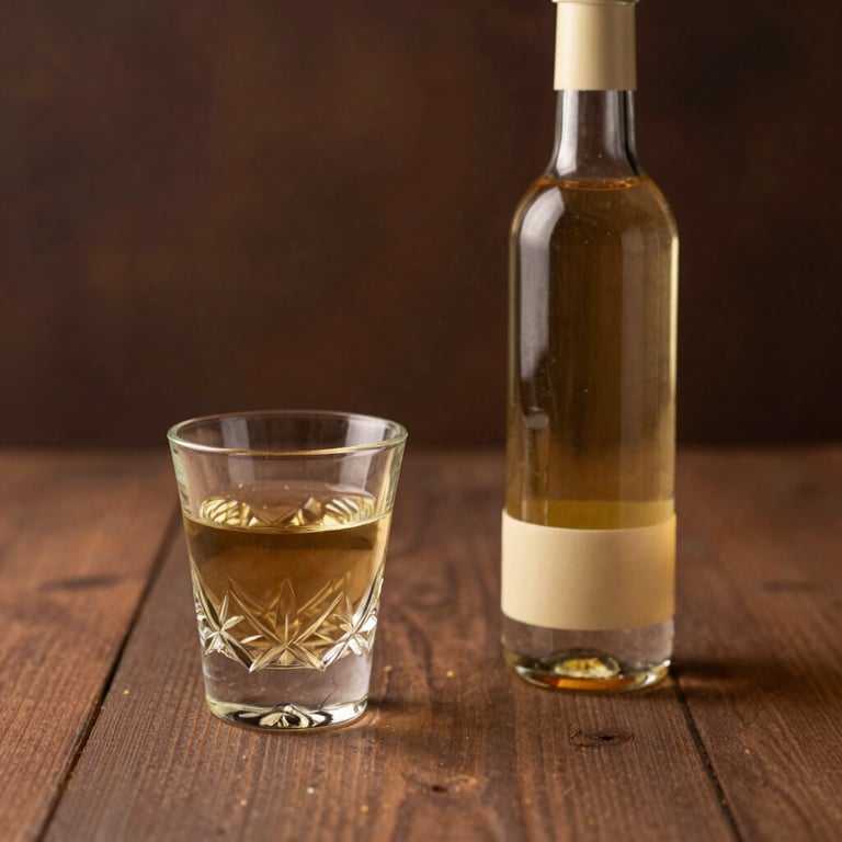 Elegant tasting setting with two small crystal glasses of golden mezcal, warm cream accents, rich brown background, intimate and exclusive atmosphere, Mexican / Latin American tradition.