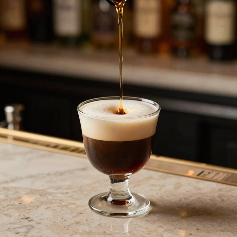 Sophisticated bar setting featuring a poured glass of golden mezcal, warm cream and dark espresso tones, elegant minimalist composition, luxury Mexican / Latin American lifestyle.