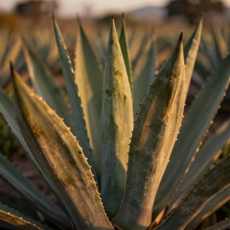 Macro shot of an aged agave plant leaf in a Mexican / Latin American landscape, golden hour lighting casting bronze and muted gold hues, rich texture, elegant nature photography.