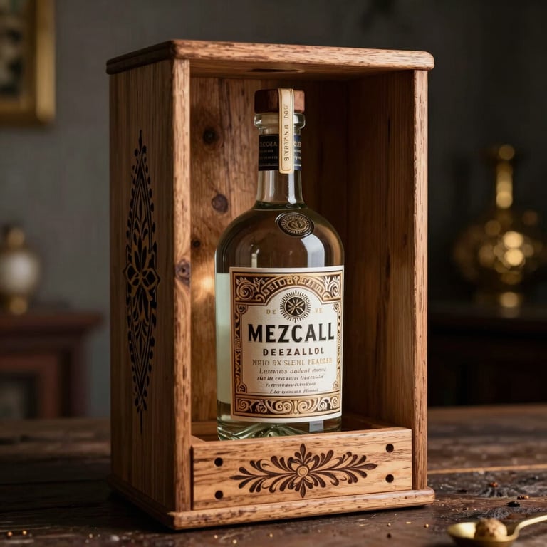 A beautifully crafted wooden box holding a premium mezcal bottle, surrounded by dim lighting and muted gold elements, Mexican / Latin American artisanal craftsmanship.