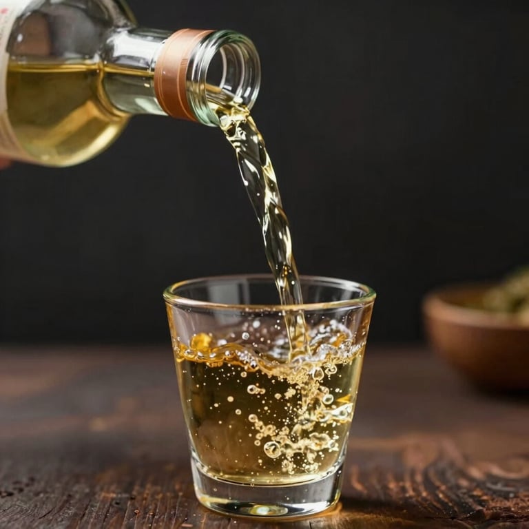 Close up of liquid golden mezcal being poured into a traditional copita, splashing gently, illuminated by soft golden light, dark background, Mexican / Latin American luxury.