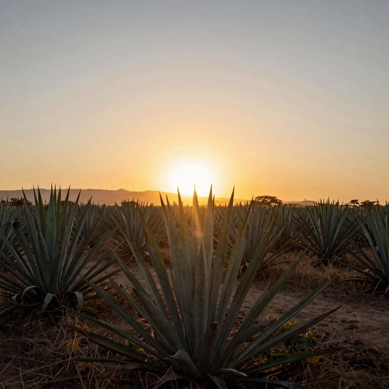 Sun setting over a field of agave in a Mexican / Latin American region, casting a radiant bronze and light gold glow, cinematic and awe-inspiring landscape.