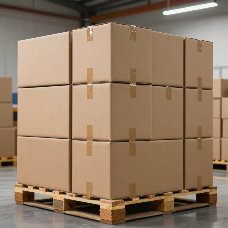 A stack of neatly organized cardboard boxes on a pallet in a clean, modern warehouse environment.