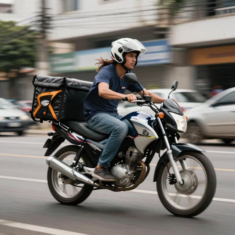 Action shot of a delivery motorcycle moving through a Brazilian city street, blurred background to convey speed.