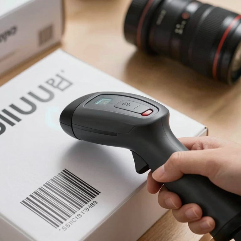 Close-up of a high-quality package being scanned with a laser barcode reader.