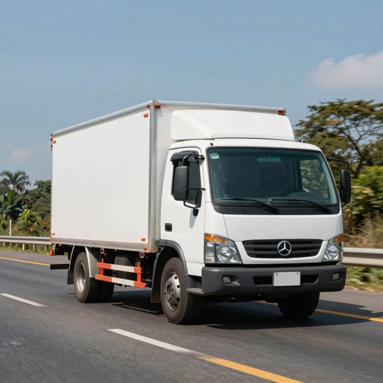 Fleet of delivery vehicles on a South American highway during a clear day.