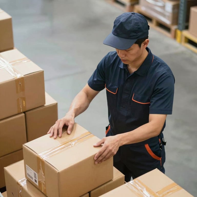 Overhead view of a warehouse worker sorting packages efficiently under bright professional lighting.