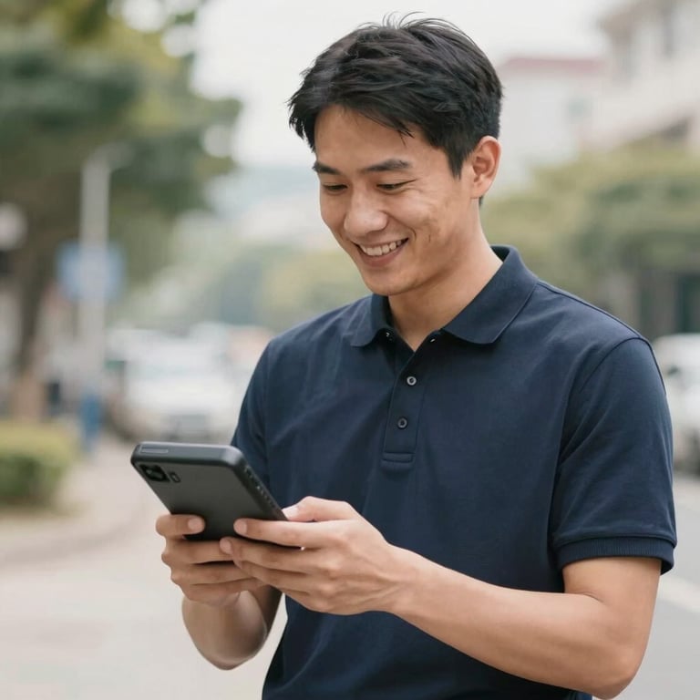 Courier checking a handheld digital delivery device with a professional smile in a bright outdoor setting.