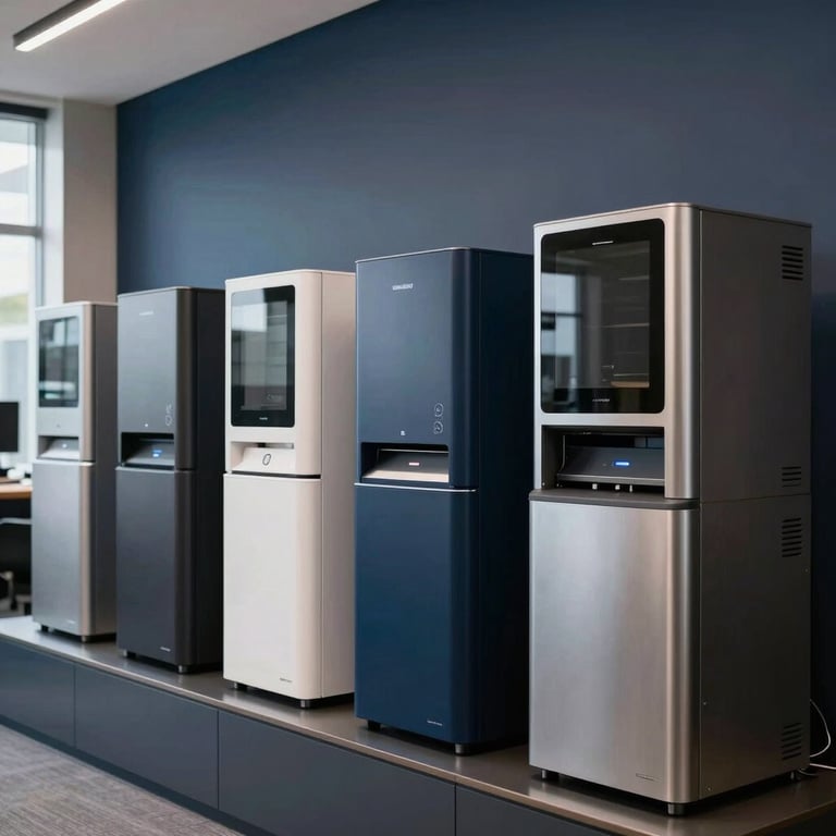 Row of sophisticated office equipment in a modern showroom with dark navy blue and steel blue decor.