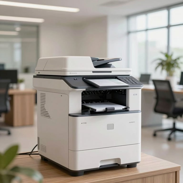 Modern multifunctional printer in a bright Latin American office lobby, soft natural lighting, professional atmosphere.