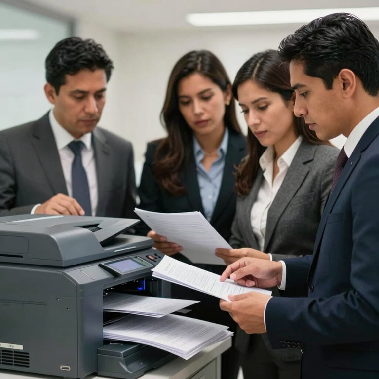 A group of Latin American business professionals reviewing documents near a sleek printer station.
