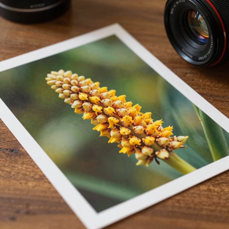 Detailed macro shot of high-quality full-color printouts on a wooden desk, emphasizing sharpness and vibrant tones.