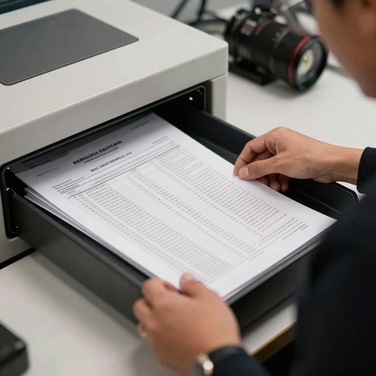 Professional Latin American assistant collecting high-speed printed reports from a high-tech tray.