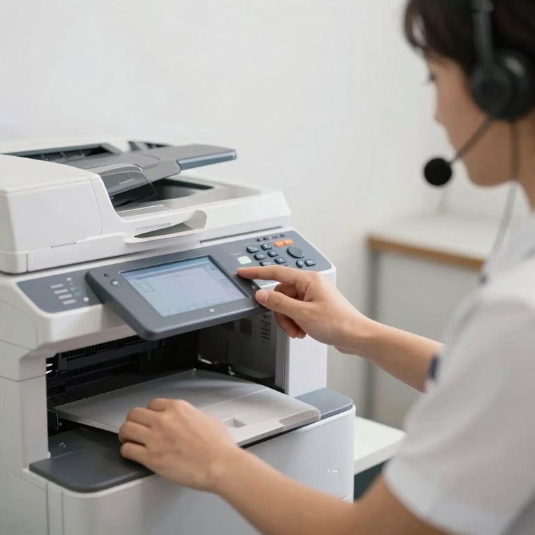 Technical support specialist in a clean uniform checking the digital interface of a copier.