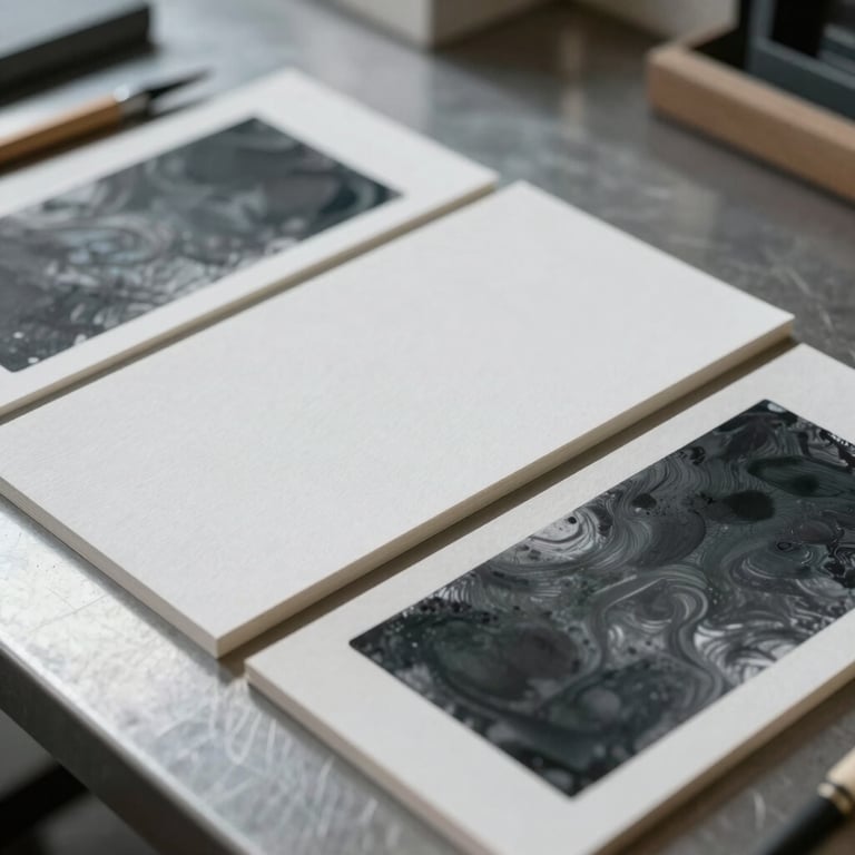Macro shot of physical design materials, heavy textured white paper stocks and deep charcoal ink plates resting on a clean steel studio table under cool, diffused daylight.