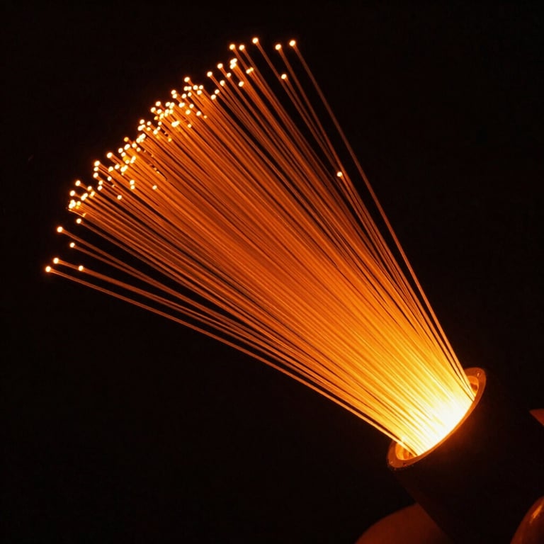 Cinematic shot of a high-speed fiber optic network glowing in vibrant orange against a black background.