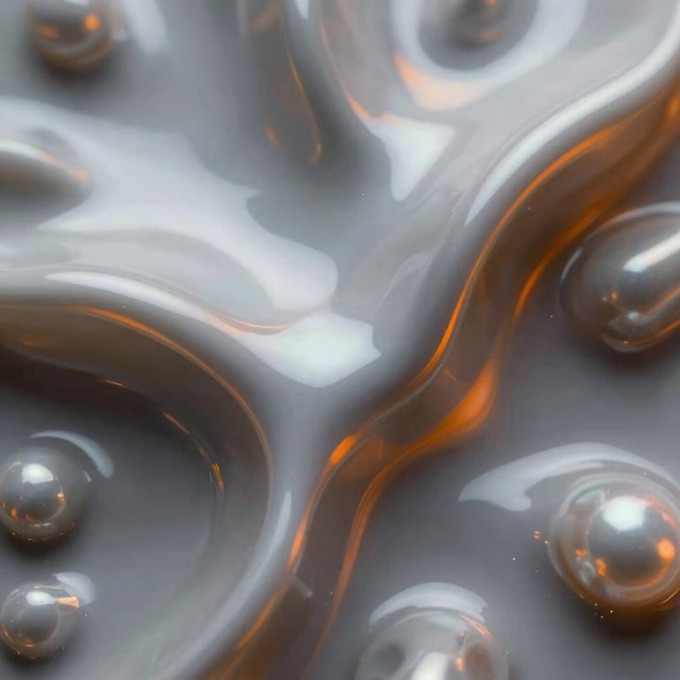 An abstract photography of liquid metal structures reflecting pearl grey and vibrant orange light, symbolizing fluidity in AI.
