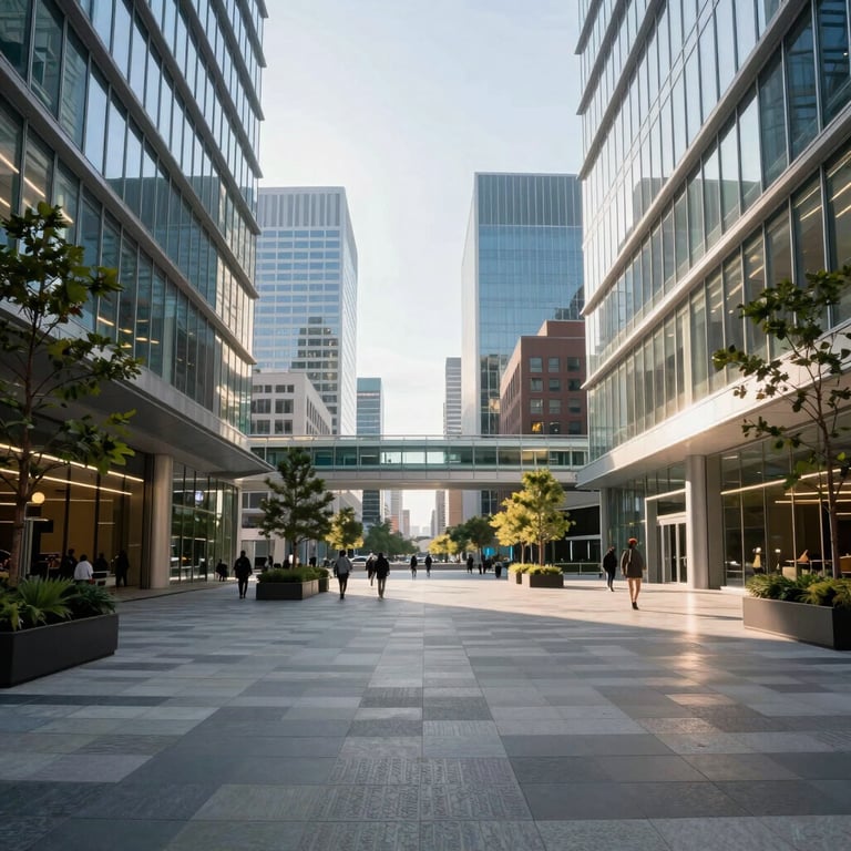 A wide shot of a modern North American / US city plaza with glass architecture and tech-forward atmosphere under bright morning light.