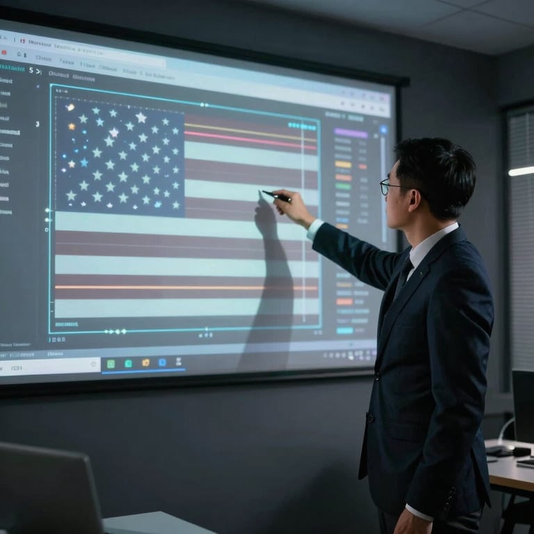 A professional looking at a holographic-style projection in a dark charcoal office setting in North America / US.