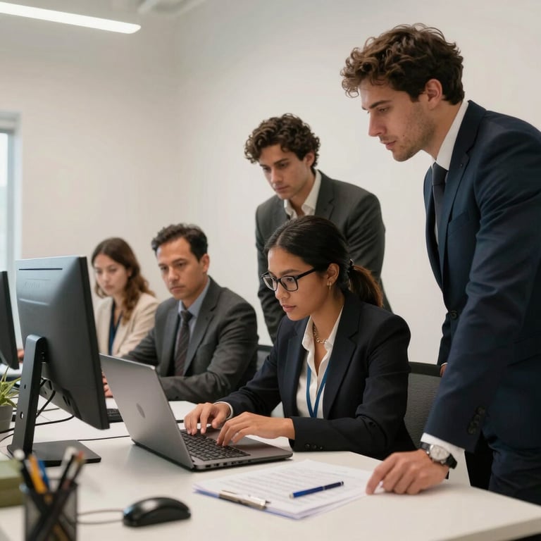 A focused team of diverse professionals collaborating in a luxury North American / US workspace with off-white walls.