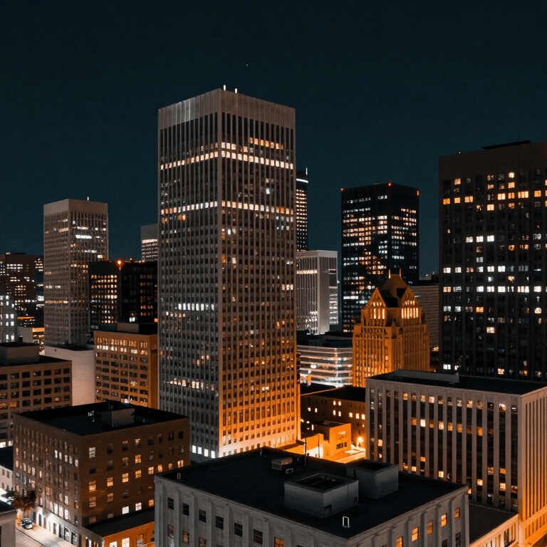 A low-angle shot of a majestic North American / US skyscraper with glass reflecting an international orange sunset.