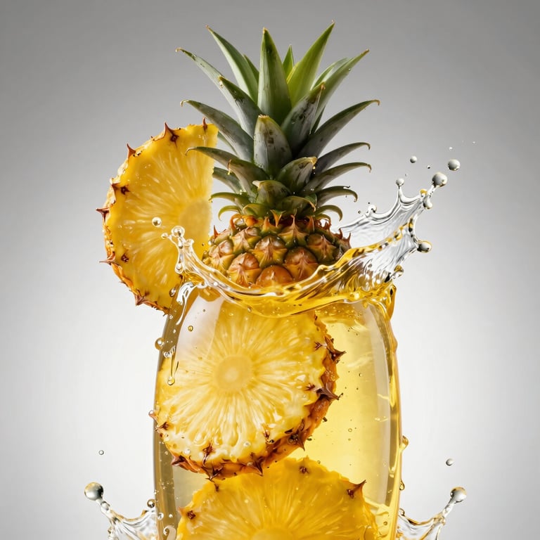 Macro studio shot of a 400ml Pineapple flavor bottle, golden yellow tropical splash, fresh pineapple rings, dramatic studio lighting.