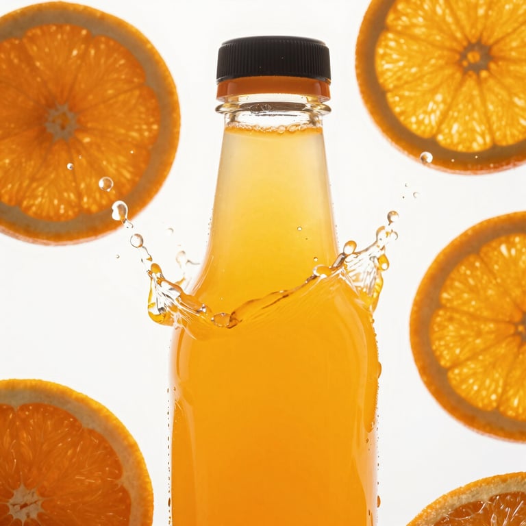 Macro studio shot of a 400ml Orange flavor bottle, neon orange liquid splash, fresh orange slices, sharp backlighting.