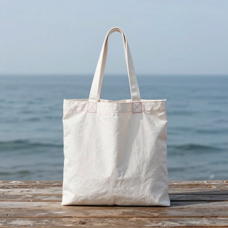 A minimalist white sailcloth tote bag with red stitching details, placed on a weathered wooden deck with soft ocean background