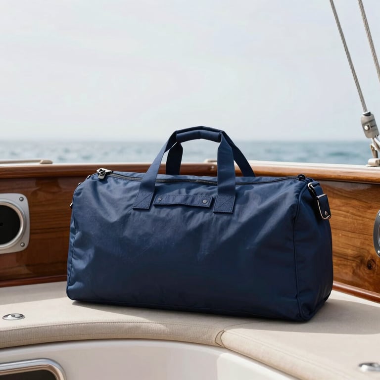 A large navy blue sailcloth duffel bag sitting inside a classic wooden sailboat cabin, natural light pouring from the hatch
