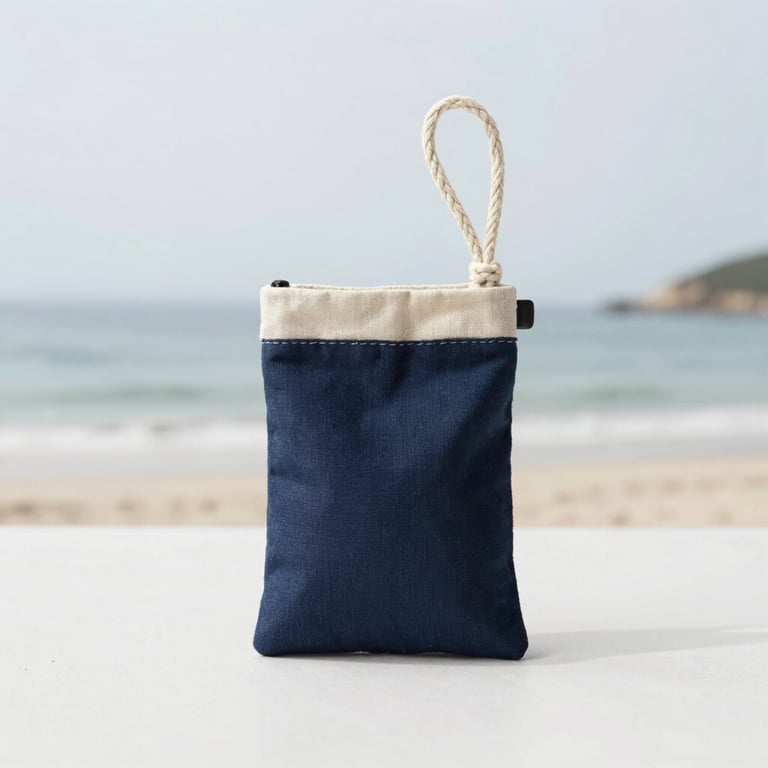A small minimalist sailcloth pouch with a rope wristlet, held by an artisan in a bright, clean workshop