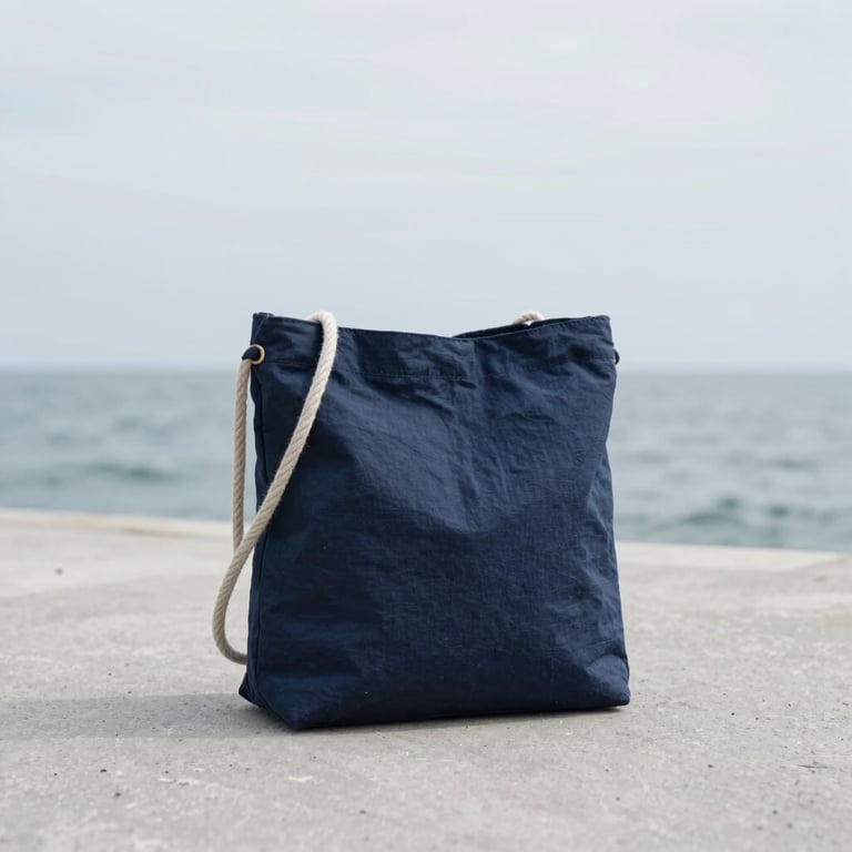 A compact sailcloth shoulder bag with a rope strap, resting on a clean concrete pier under soft overcast daylight
