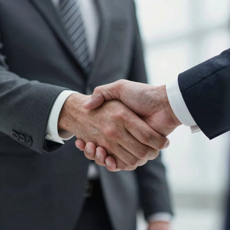 Close-up of a professional handshake between two business people in formal attire.