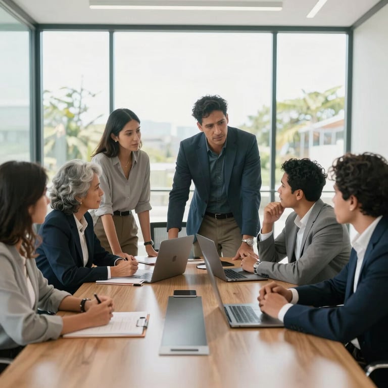A group of diverse South American professionals collaborating in a bright, sunlit glass-walled meeting room.