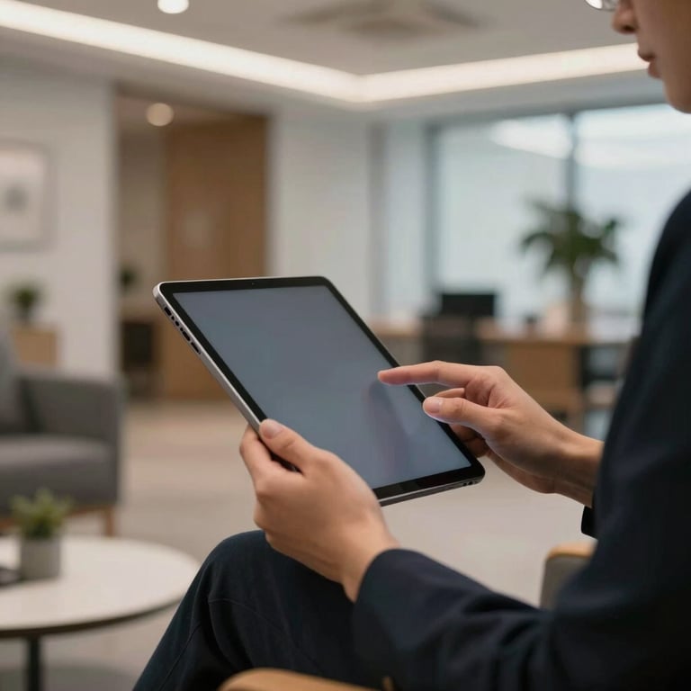 A focused professional using a sleek tablet device in a modern office lounge area.