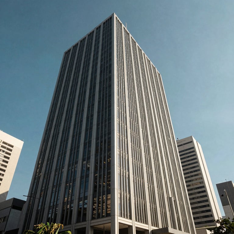 Modern corporate building exterior in a major Brazilian financial district under a clear blue sky.