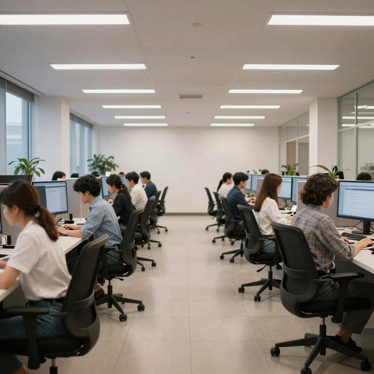 A wide shot of an organized, modern call center floor with ergonomic furniture and bright lighting.