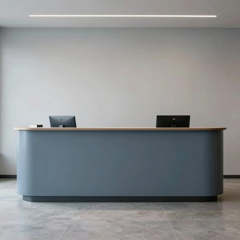 Interior view of a minimalist and clean reception area with muted blue and grey furniture.