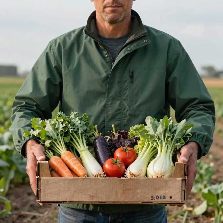 A local farmer in a North American / US field holding a crate of organic produce, wearing a Matte Forest Green jacket.