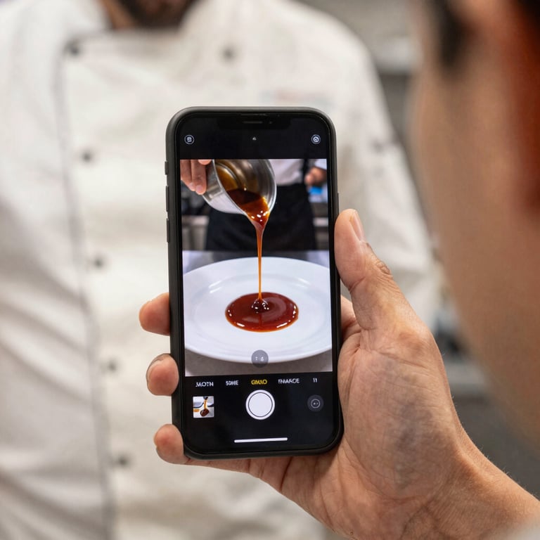 Close-up of a smartphone held by a chef in a North American / US kitchen, showing a high-quality video of a drizzled sauce.