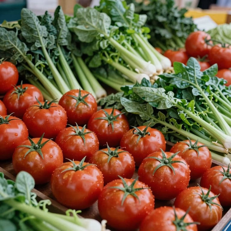 A vibrant North American / US farmer's market stall featuring rows of Deep Crimson tomatoes and Matte Forest Green leafy vegetables.