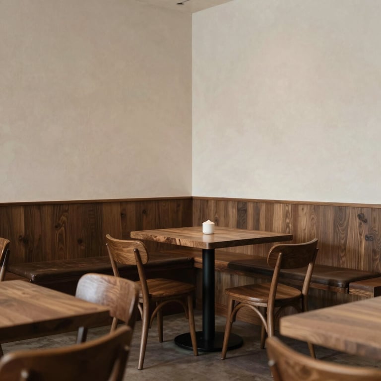 Interior of a Scandinavian-style North American / US bistro with minimalist Crisp Parchment walls and dark wooden furniture.
